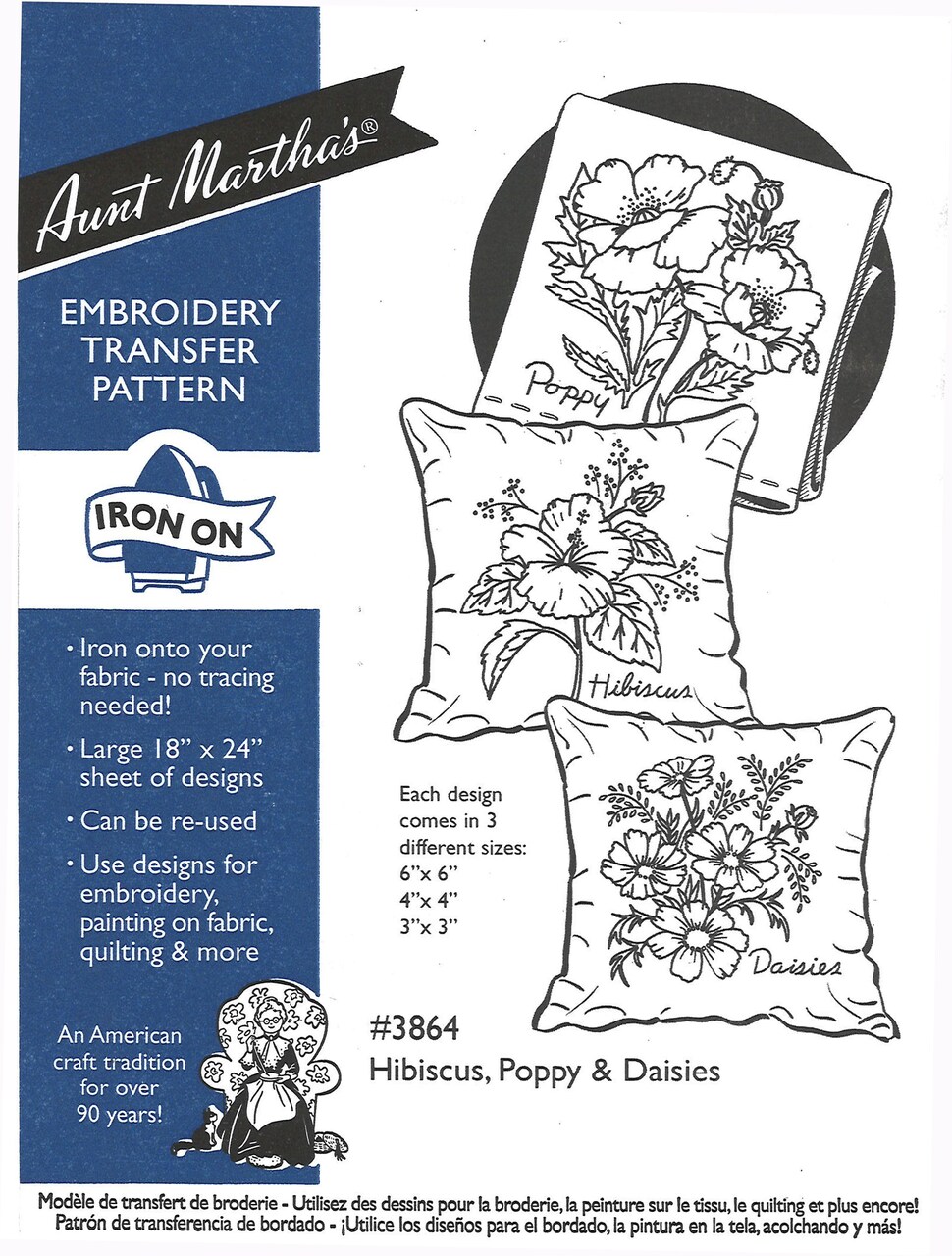 Aunt Martha's Hibiscus, Poppy, & Daisies 3864 embroidery iron on pattern